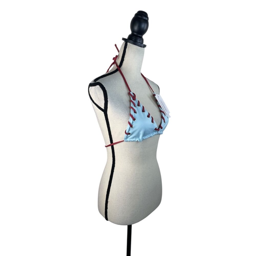 With Jéan Juni Bikini Top Baby Blue & Red Lace-Up Recycled Fabric Adjustable Hal - Picture 7 of 7